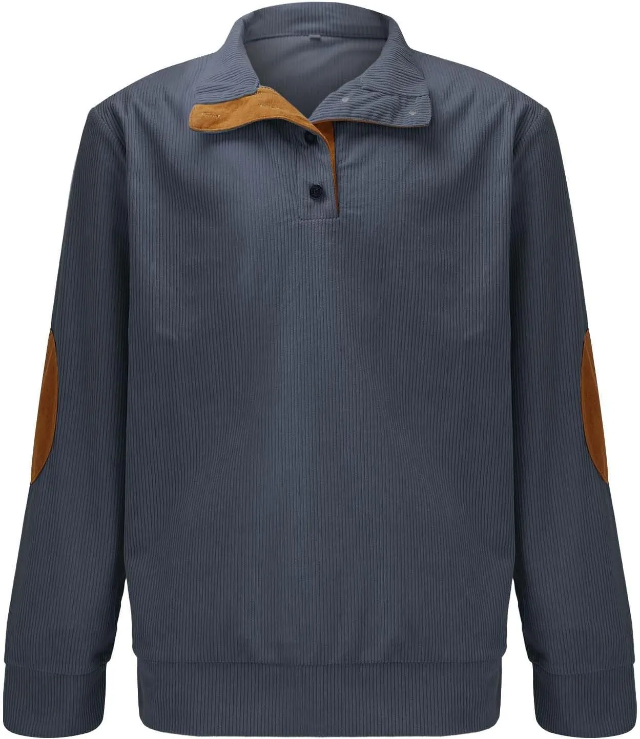 GIERIDUC Mens Corduroy Shirts Casual Lapel Collar Button Up Patchwork Pullover Mock Neck Long Sleeve Sweaters Polo Sweatshirt