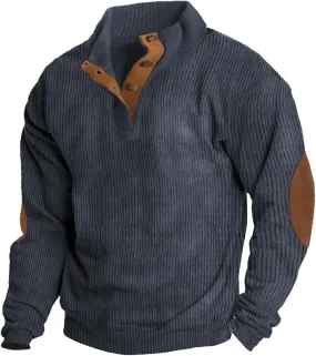 GIERIDUC Mens Corduroy Shirts Casual Lapel Collar Button Up Patchwork Pullover Mock Neck Long Sleeve Sweaters Polo Sweatshirt