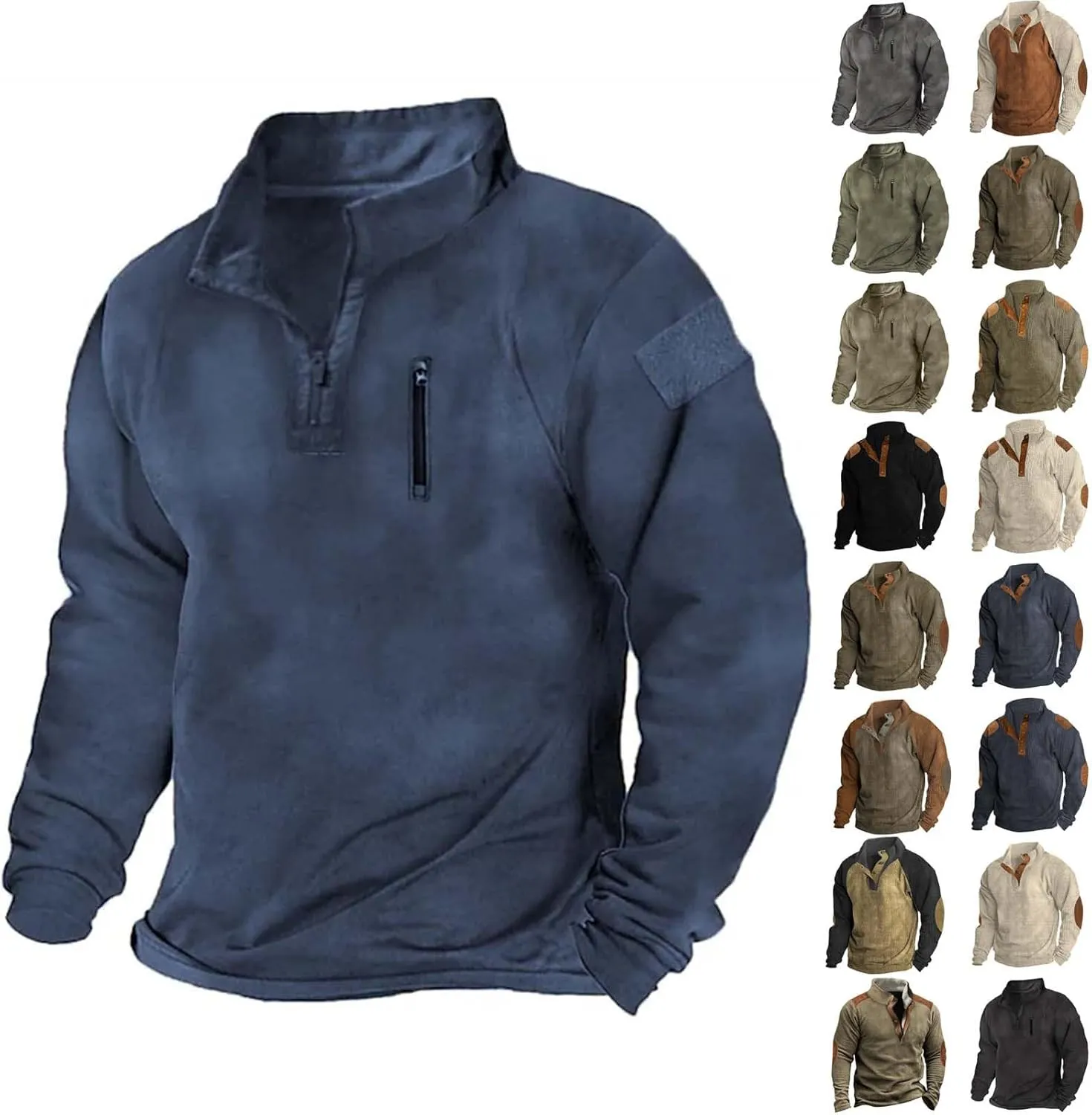 GIERIDUC Mens Corduroy Shirts Casual Lapel Collar Button Up Patchwork Pullover Mock Neck Long Sleeve Sweaters Polo Sweatshirt