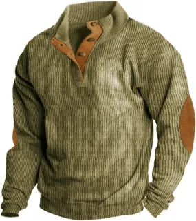 GIERIDUC Mens Corduroy Shirts Casual Lapel Collar Button Up Patchwork Pullover Mock Neck Long Sleeve Sweaters Polo Sweatshirt