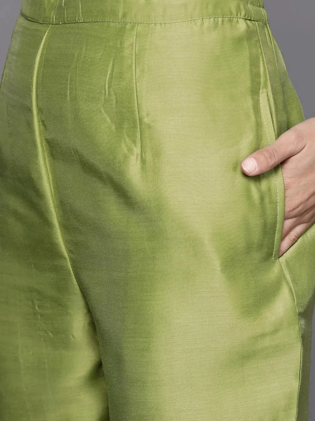 Green Woven Design Chanderi Silk Straight Kurta With Dupatta