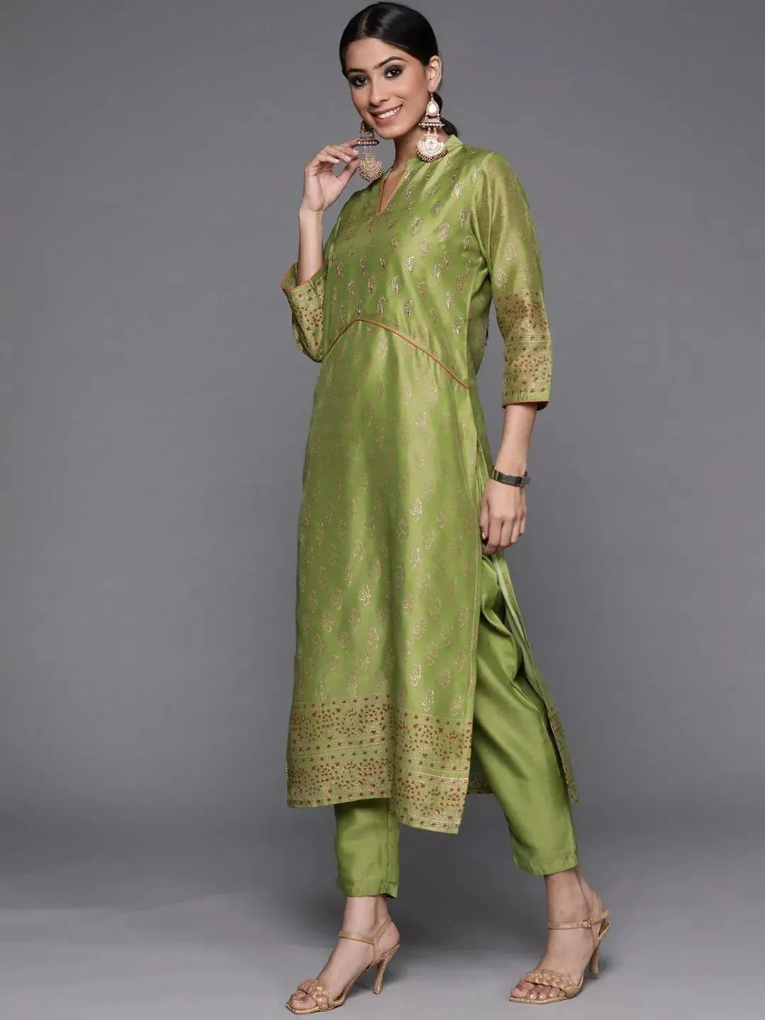 Green Woven Design Chanderi Silk Straight Kurta With Dupatta