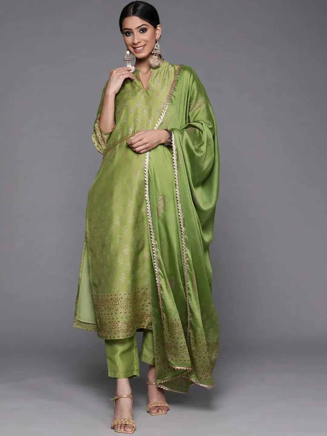 Green Woven Design Chanderi Silk Straight Kurta With Dupatta