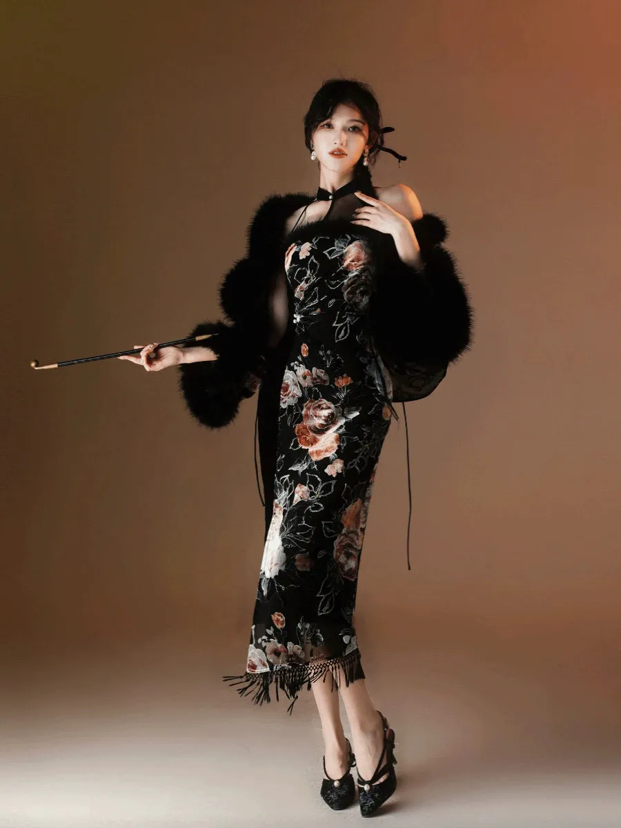 Halter Neck Modern Long Cheongsam, Dark Rose