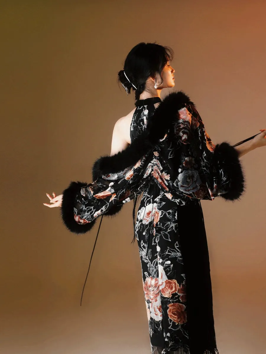 Halter Neck Modern Long Cheongsam, Dark Rose