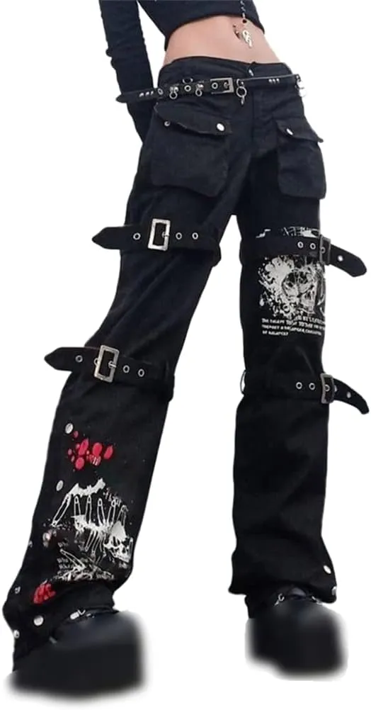 HeiBai Xiong Gothic Baggy Cargo Pants for Women Or Teens Girls Alt Fashion Trousers