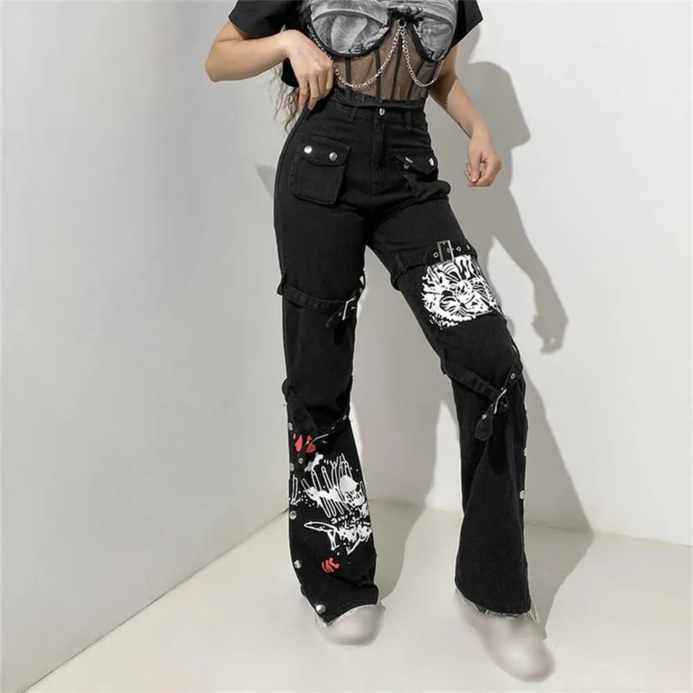 HeiBai Xiong Gothic Baggy Cargo Pants for Women Or Teens Girls Alt Fashion Trousers