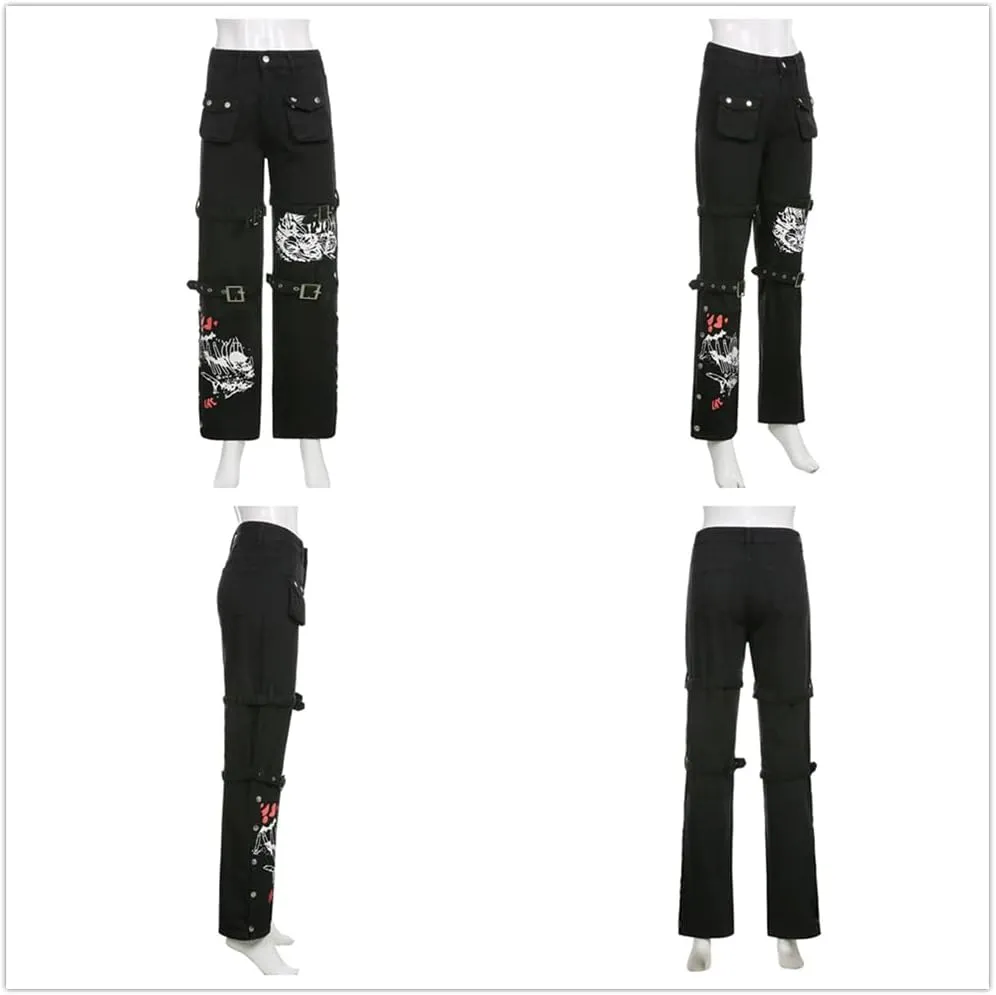 HeiBai Xiong Gothic Baggy Cargo Pants for Women Or Teens Girls Alt Fashion Trousers