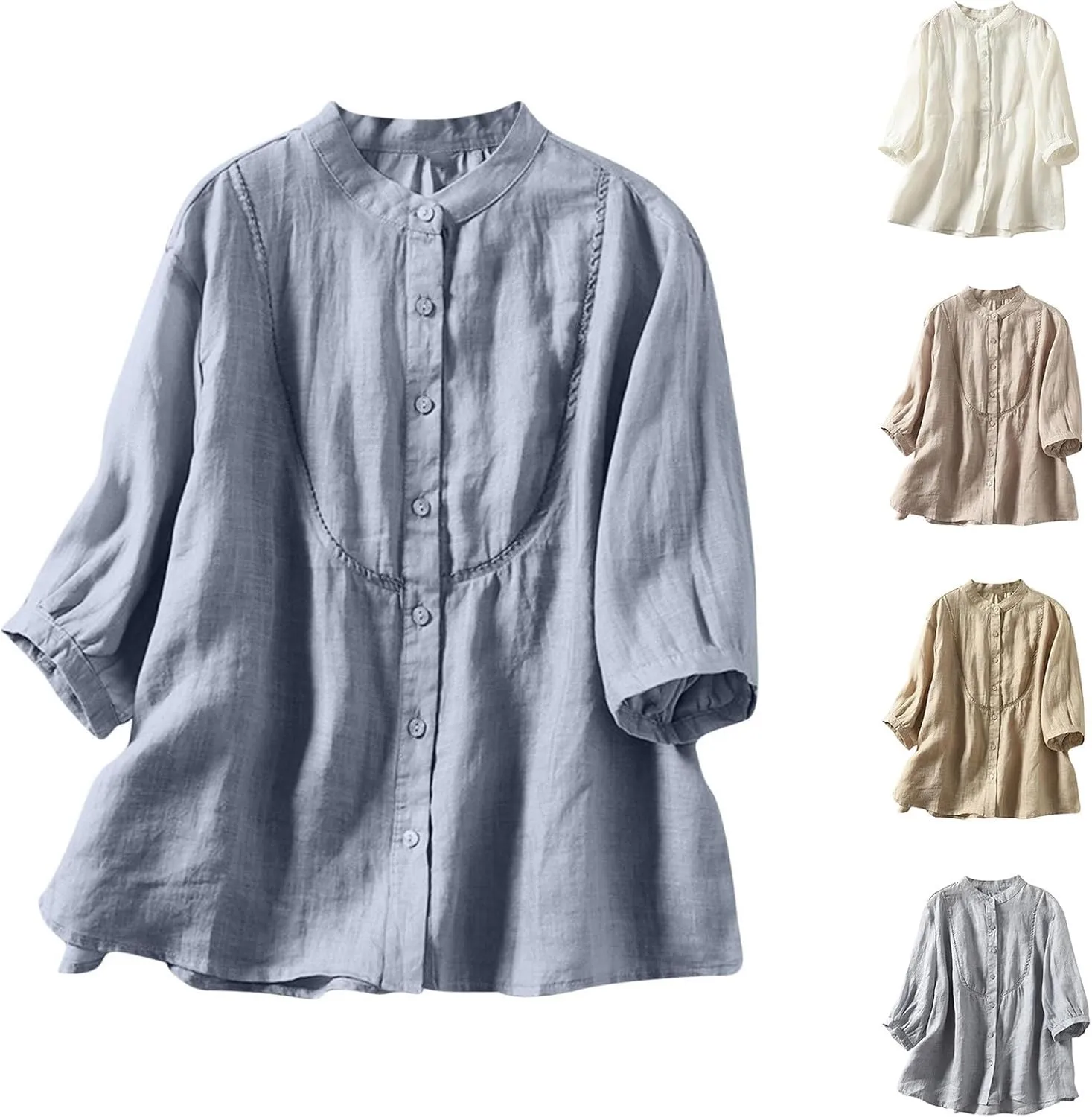 HGps8w Women's Cotton Linen Shirts Summer Short Sleeve Mandarin Collar Chinese Frog Button Down Tops Loose Vintage Blouses