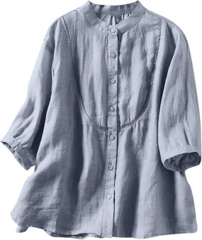 HGps8w Women's Cotton Linen Shirts Summer Short Sleeve Mandarin Collar Chinese Frog Button Down Tops Loose Vintage Blouses