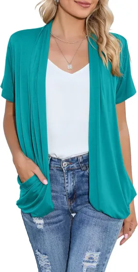 HIYIYEZI Open Front Cardigan Sweaters for Women with Pockets Lightweight Short Sleeve Ruffle Front Kimono Cardigan Duster