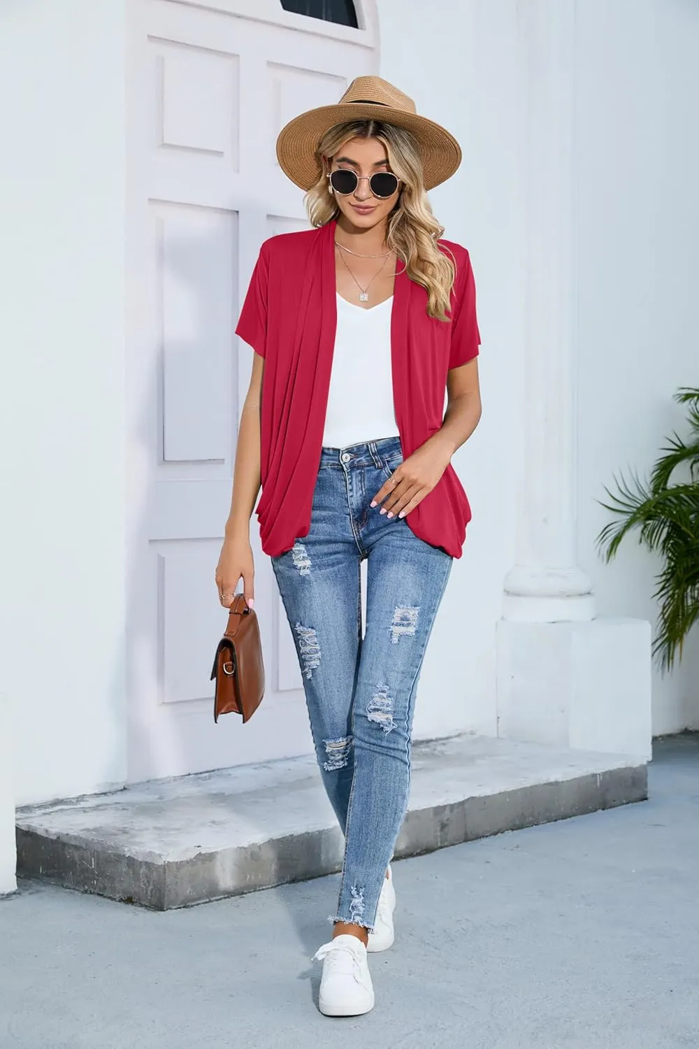 HIYIYEZI Open Front Cardigan Sweaters for Women with Pockets Lightweight Short Sleeve Ruffle Front Kimono Cardigan Duster