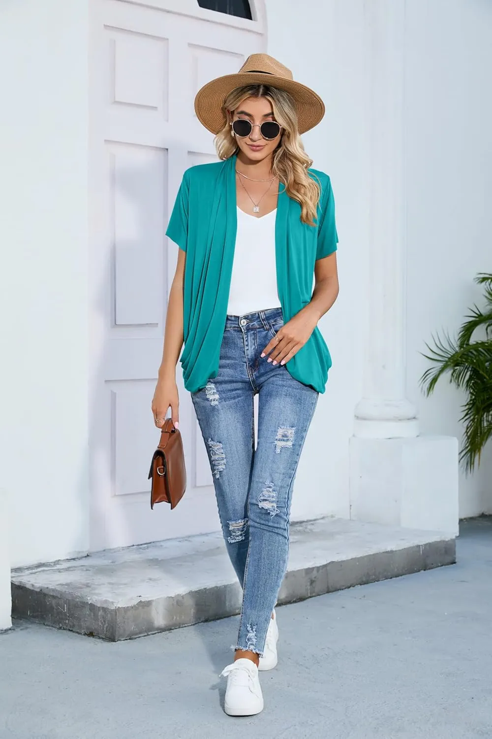 HIYIYEZI Open Front Cardigan Sweaters for Women with Pockets Lightweight Short Sleeve Ruffle Front Kimono Cardigan Duster