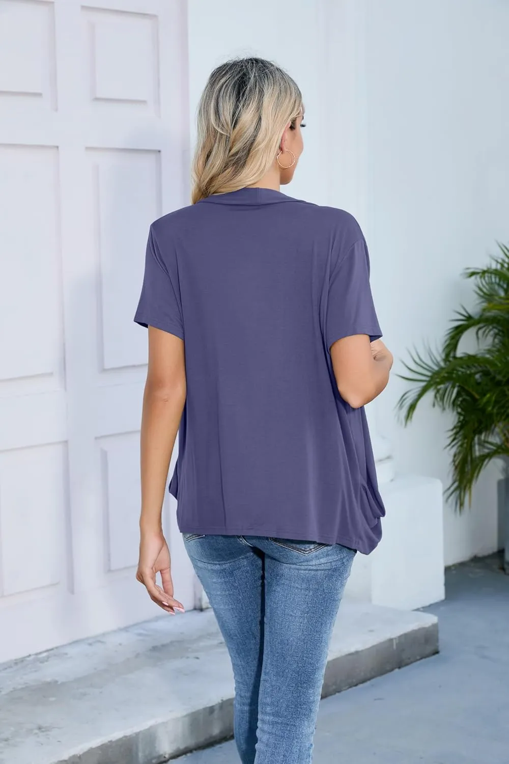 HIYIYEZI Open Front Cardigan Sweaters for Women with Pockets Lightweight Short Sleeve Ruffle Front Kimono Cardigan Duster