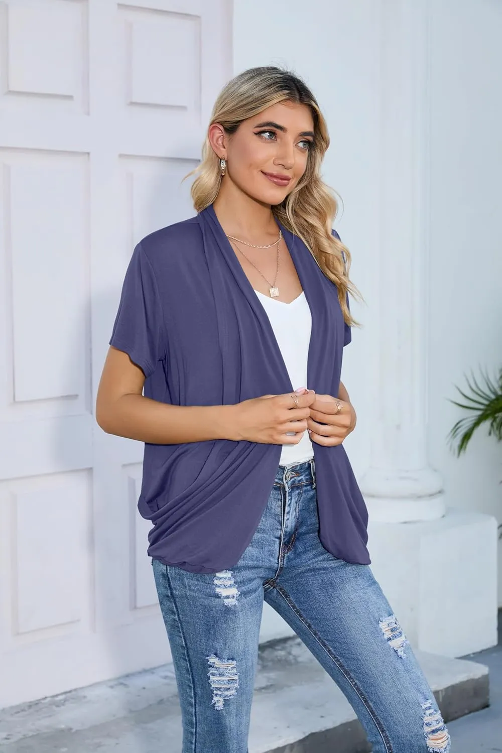 HIYIYEZI Open Front Cardigan Sweaters for Women with Pockets Lightweight Short Sleeve Ruffle Front Kimono Cardigan Duster