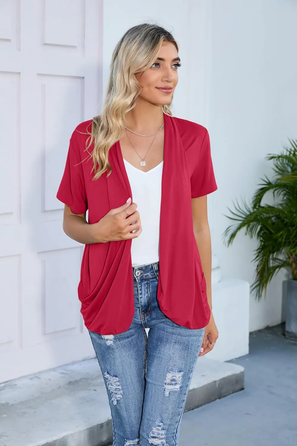 HIYIYEZI Open Front Cardigan Sweaters for Women with Pockets Lightweight Short Sleeve Ruffle Front Kimono Cardigan Duster