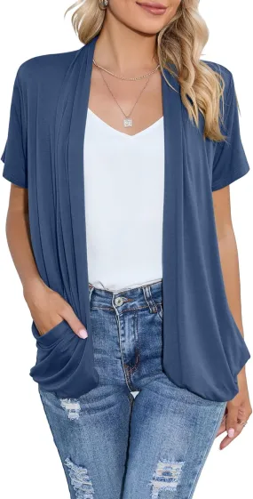 HIYIYEZI Open Front Cardigan Sweaters for Women with Pockets Lightweight Short Sleeve Ruffle Front Kimono Cardigan Duster