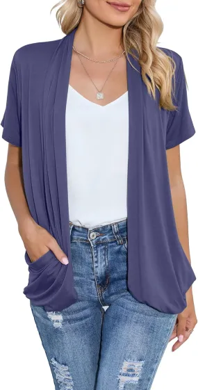 HIYIYEZI Open Front Cardigan Sweaters for Women with Pockets Lightweight Short Sleeve Ruffle Front Kimono Cardigan Duster