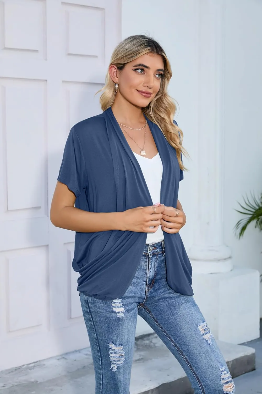 HIYIYEZI Open Front Cardigan Sweaters for Women with Pockets Lightweight Short Sleeve Ruffle Front Kimono Cardigan Duster
