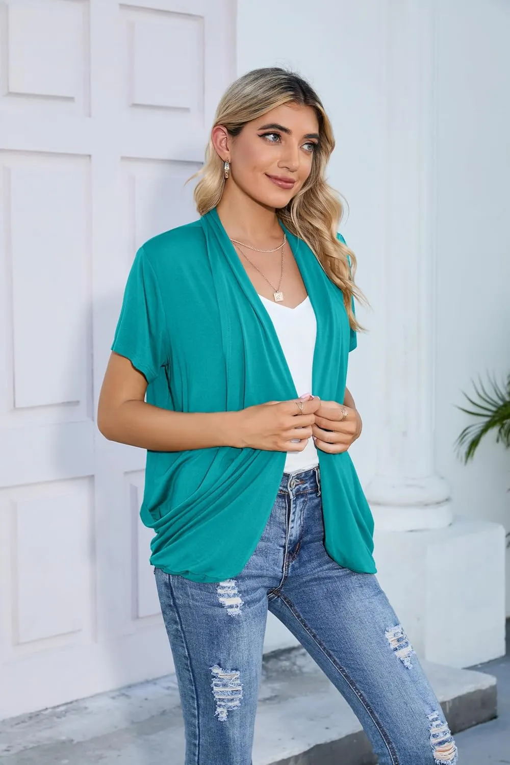 HIYIYEZI Open Front Cardigan Sweaters for Women with Pockets Lightweight Short Sleeve Ruffle Front Kimono Cardigan Duster