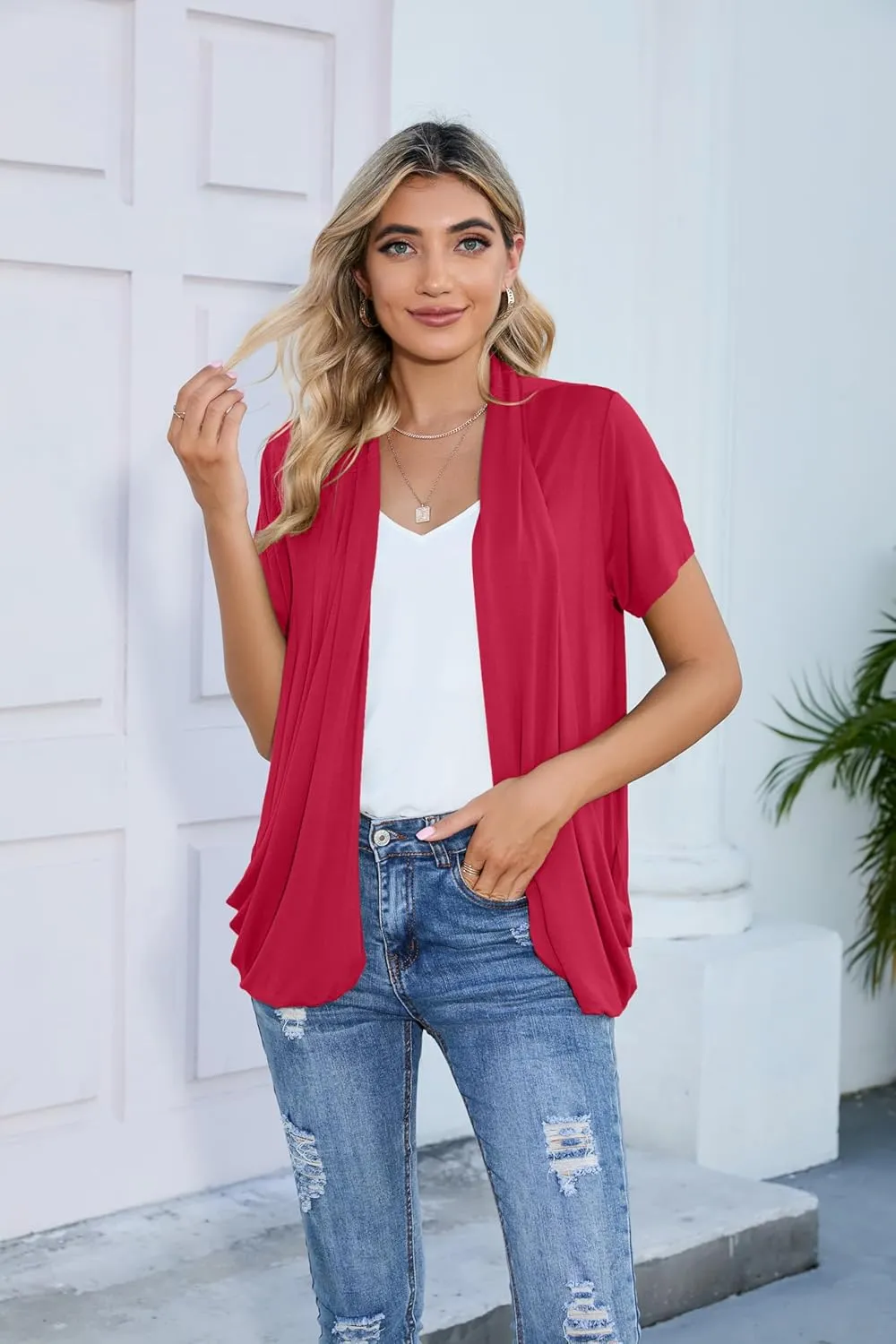HIYIYEZI Open Front Cardigan Sweaters for Women with Pockets Lightweight Short Sleeve Ruffle Front Kimono Cardigan Duster