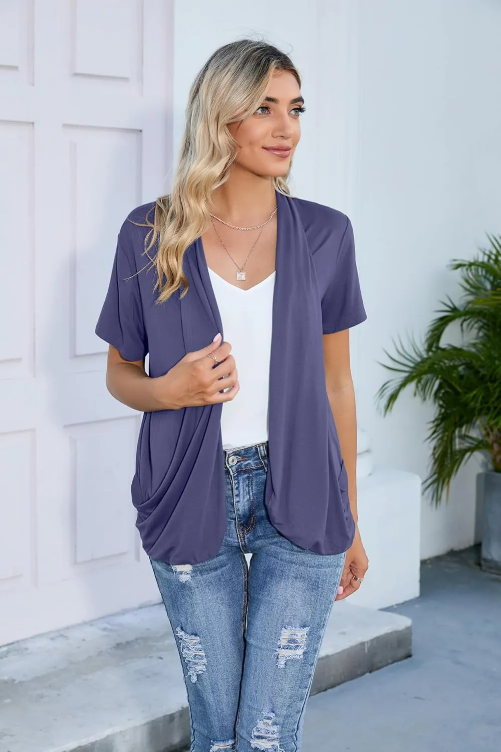 HIYIYEZI Open Front Cardigan Sweaters for Women with Pockets Lightweight Short Sleeve Ruffle Front Kimono Cardigan Duster
