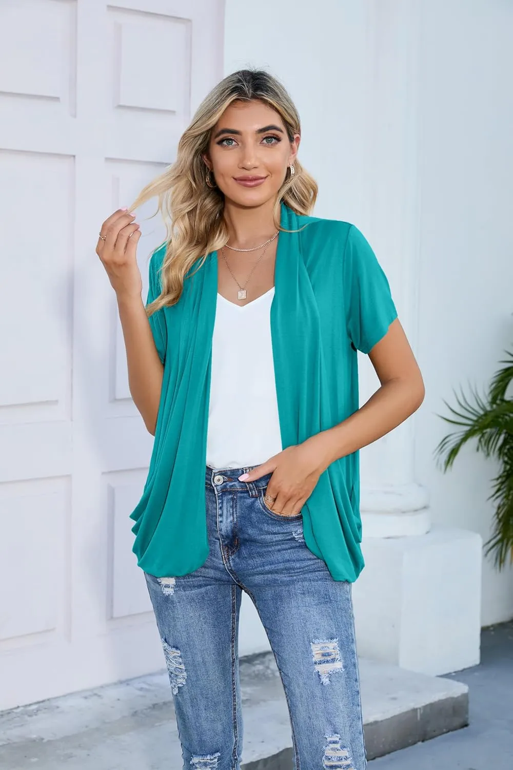HIYIYEZI Open Front Cardigan Sweaters for Women with Pockets Lightweight Short Sleeve Ruffle Front Kimono Cardigan Duster