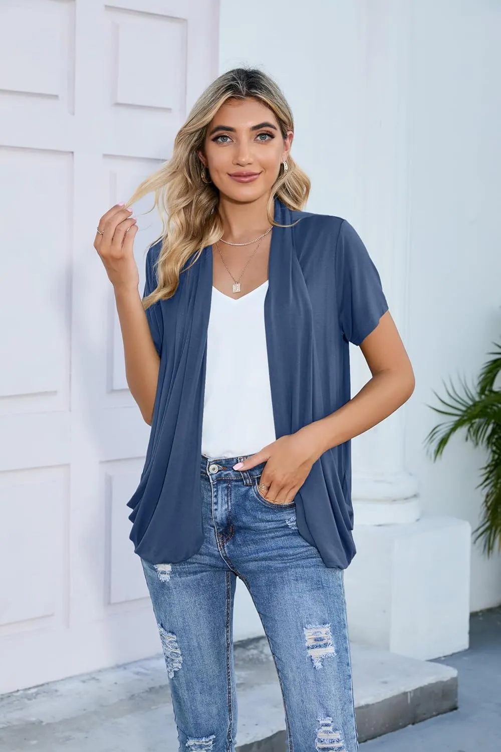 HIYIYEZI Open Front Cardigan Sweaters for Women with Pockets Lightweight Short Sleeve Ruffle Front Kimono Cardigan Duster