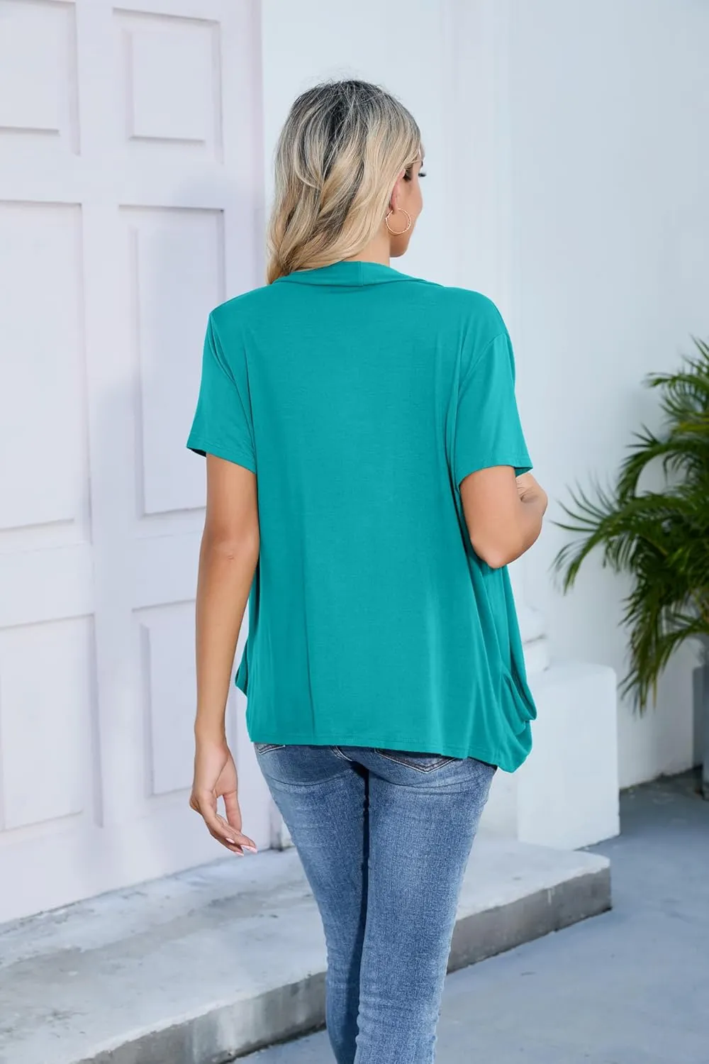 HIYIYEZI Open Front Cardigan Sweaters for Women with Pockets Lightweight Short Sleeve Ruffle Front Kimono Cardigan Duster