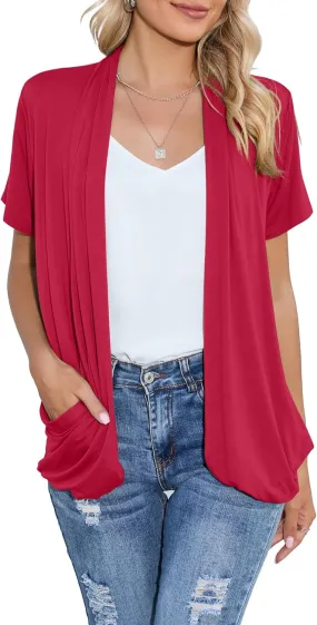HIYIYEZI Open Front Cardigan Sweaters for Women with Pockets Lightweight Short Sleeve Ruffle Front Kimono Cardigan Duster