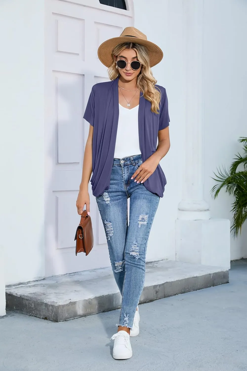 HIYIYEZI Open Front Cardigan Sweaters for Women with Pockets Lightweight Short Sleeve Ruffle Front Kimono Cardigan Duster