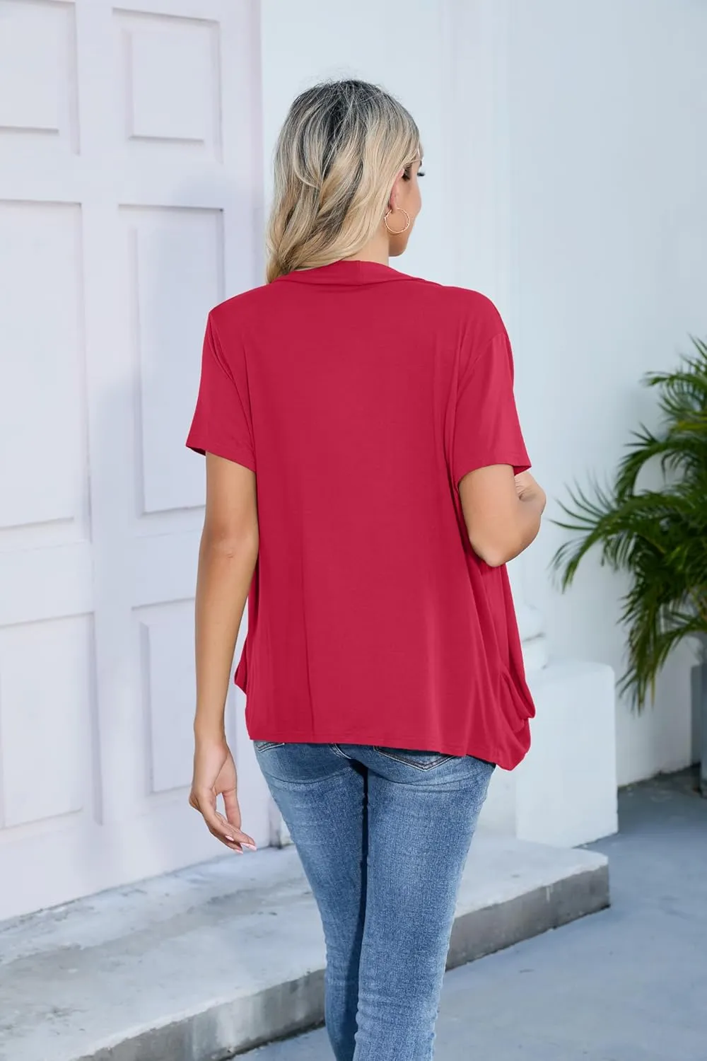 HIYIYEZI Open Front Cardigan Sweaters for Women with Pockets Lightweight Short Sleeve Ruffle Front Kimono Cardigan Duster