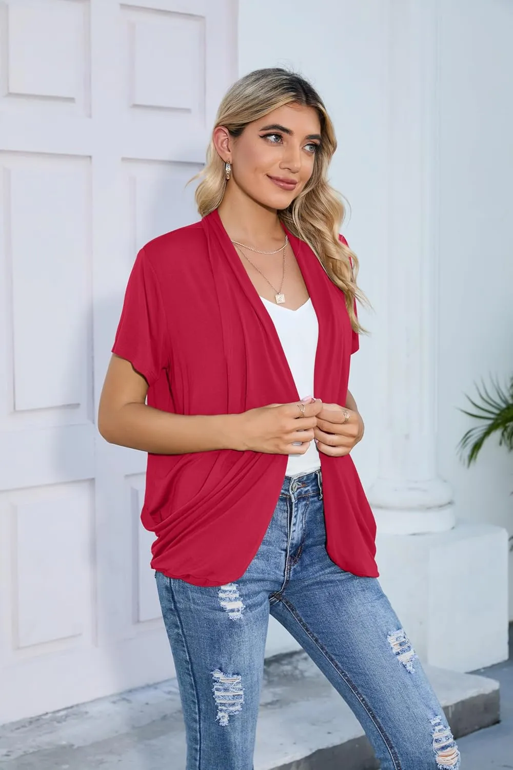 HIYIYEZI Open Front Cardigan Sweaters for Women with Pockets Lightweight Short Sleeve Ruffle Front Kimono Cardigan Duster