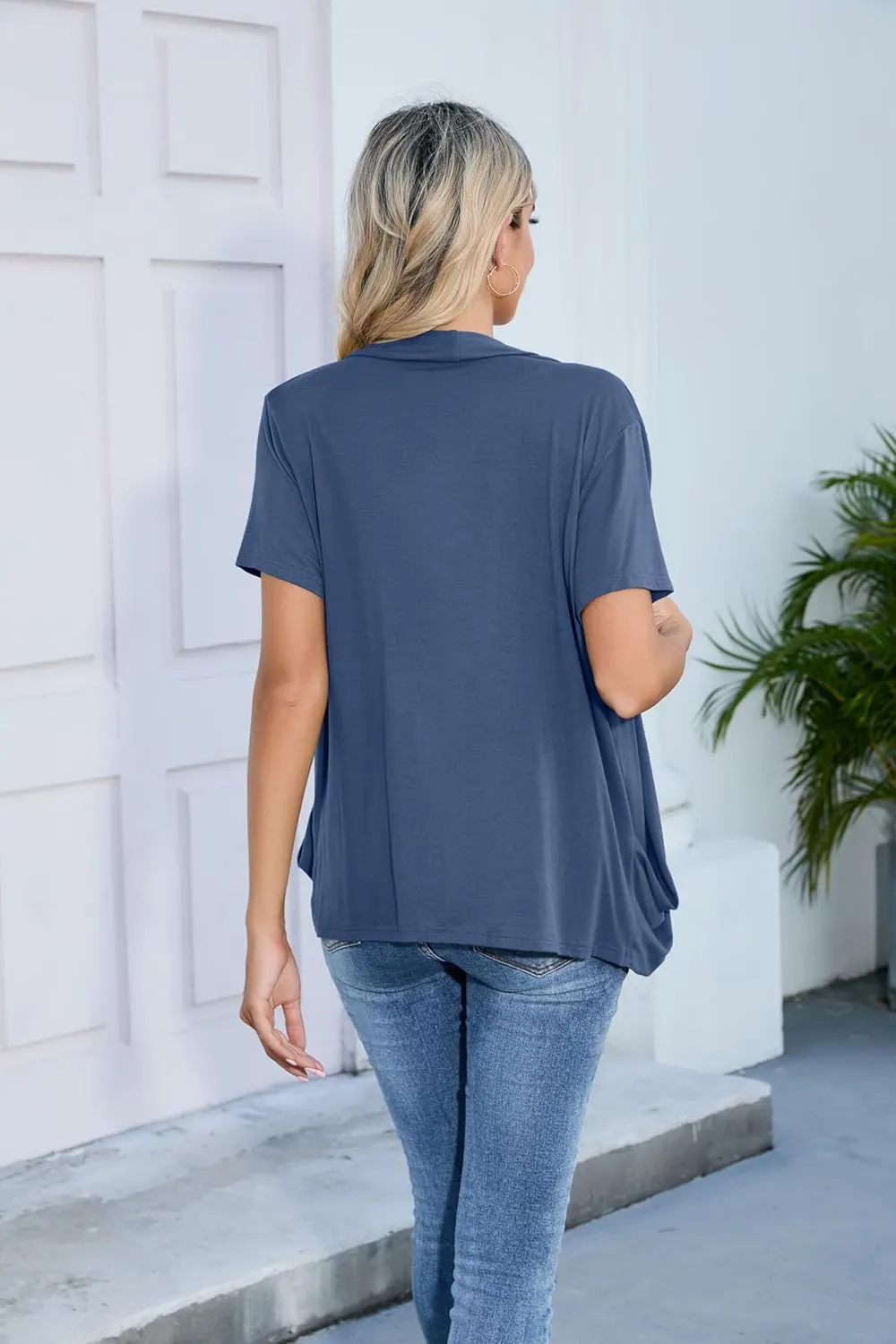 HIYIYEZI Open Front Cardigan Sweaters for Women with Pockets Lightweight Short Sleeve Ruffle Front Kimono Cardigan Duster