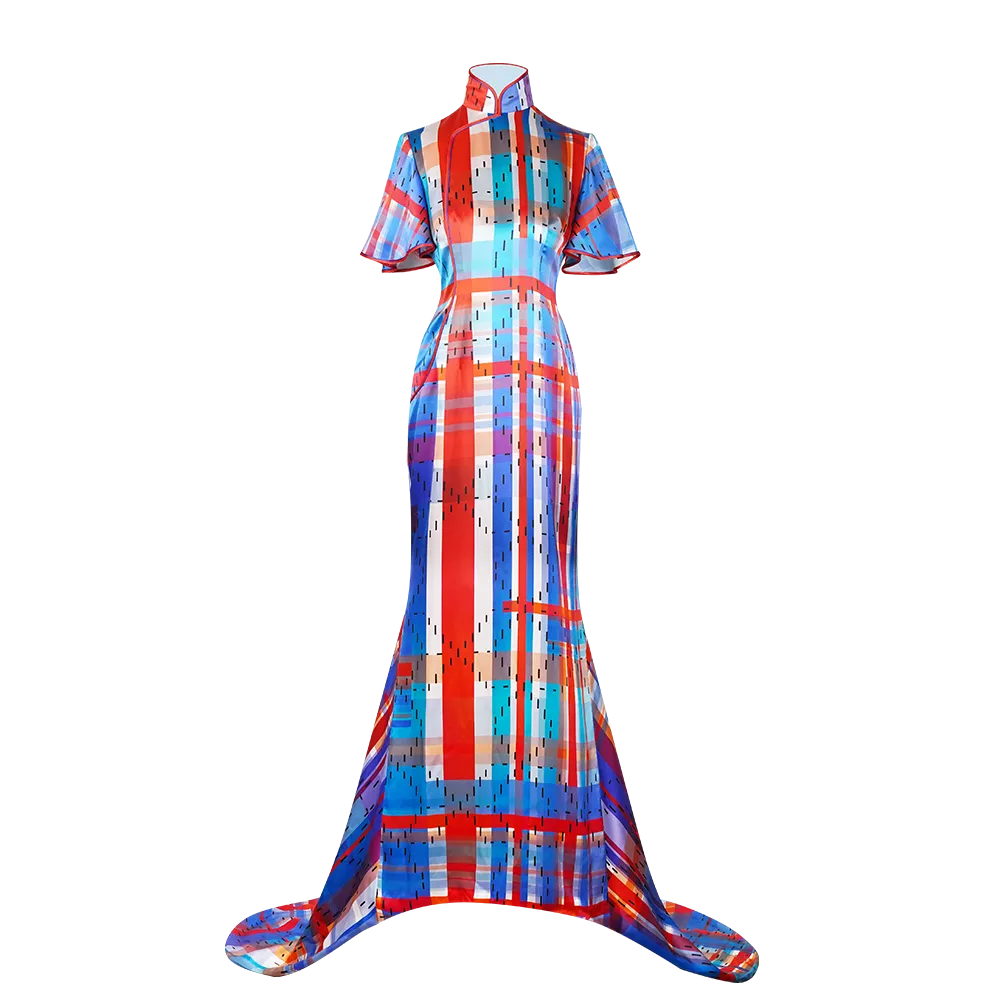【HK SPIRIT】100% Silk Cheongsam (Ruffle Sleeve) (紅白藍)