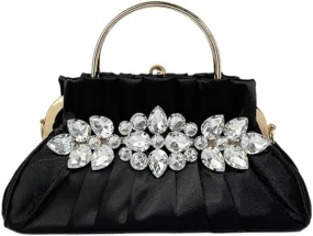IAMUHI Women Retro Satin Evening Handbag Pleated Rhinestone Clutch Bag Party Wedding Crossbody Shoulder Purse with Chain