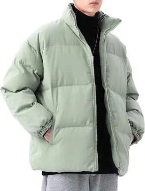 JEsilunmaMY Men's Stand Collar Warm Padded Jacket Full Zip Winter Thicken Cotton Down Coat Solid Color Loose Puffer Jacket