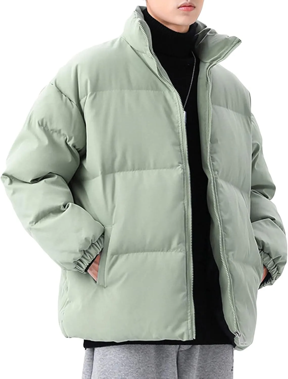 JEsilunmaMY Men's Stand Collar Warm Padded Jacket Full Zip Winter Thicken Cotton Down Coat Solid Color Loose Puffer Jacket