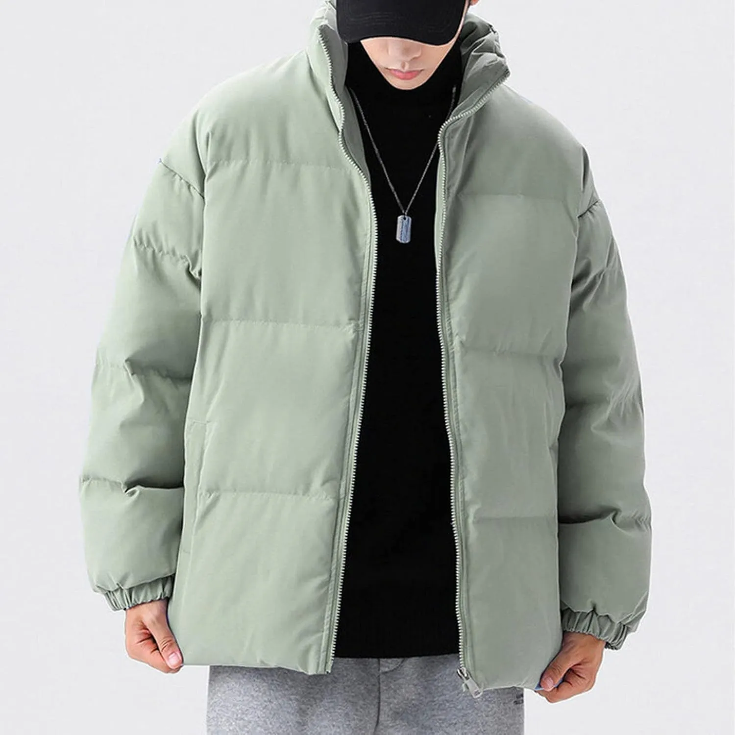JEsilunmaMY Men's Stand Collar Warm Padded Jacket Full Zip Winter Thicken Cotton Down Coat Solid Color Loose Puffer Jacket