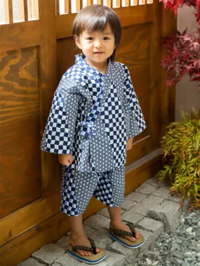 Jinbei for Children. made in Japan. Midori Yukata "Hemp Leaf & Checkered Patten / 麻の葉市松"