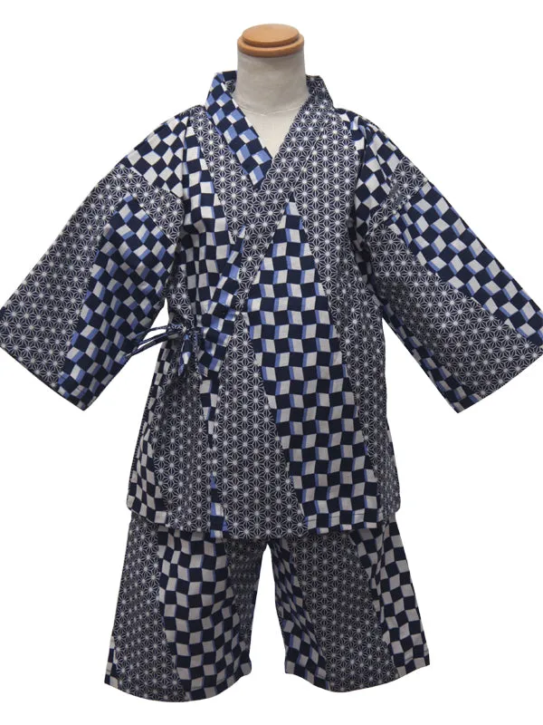 Jinbei for Children. made in Japan. Midori Yukata "Hemp Leaf & Checkered Patten / 麻の葉市松"
