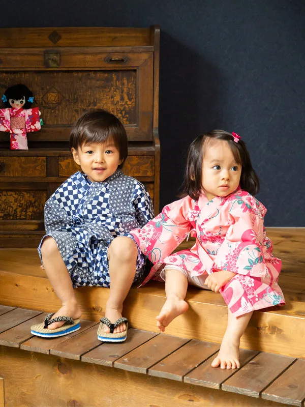 Jinbei for Children. made in Japan. Midori Yukata "Hemp Leaf & Checkered Patten / 麻の葉市松"