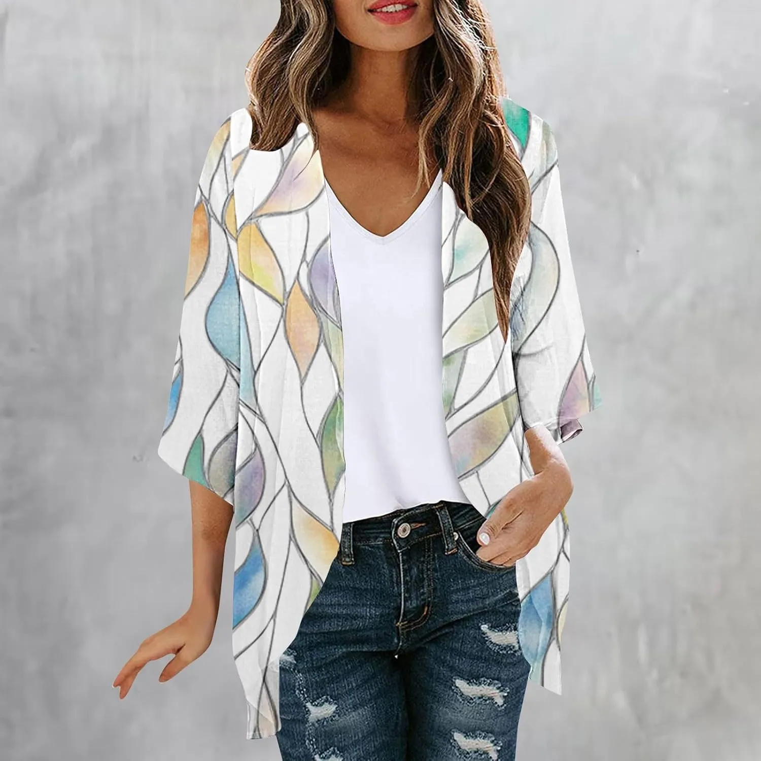 Kimono Swimsuit Coverup 2025 Womens Casual 3/4 Bat Sleeve Loose Beach Cover Up Sheer Chiffon Cardigans for Swimwear