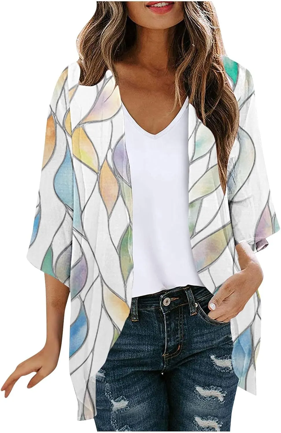 Kimono Swimsuit Coverup 2025 Womens Casual 3/4 Bat Sleeve Loose Beach Cover Up Sheer Chiffon Cardigans for Swimwear
