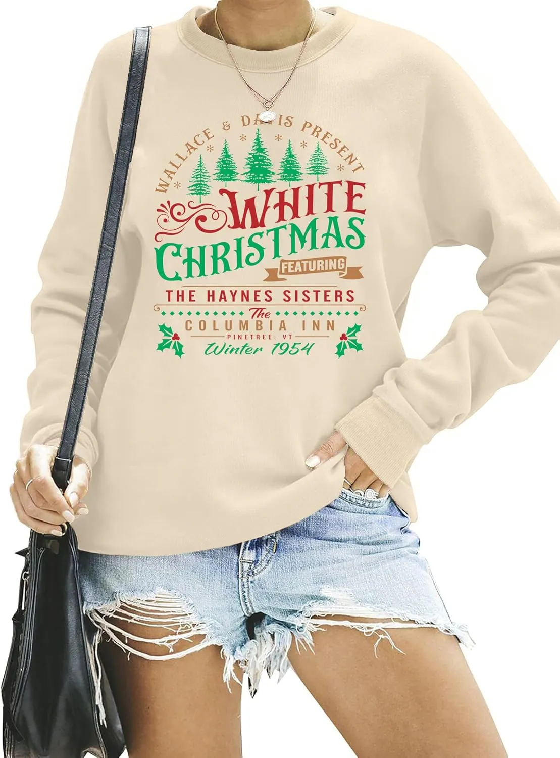 LAZYCHILD White Christmas Sweatshirt for Woman: Christmas Movie 1954 Shirts Xmas Tree Holiday Long Sleeves Pullover