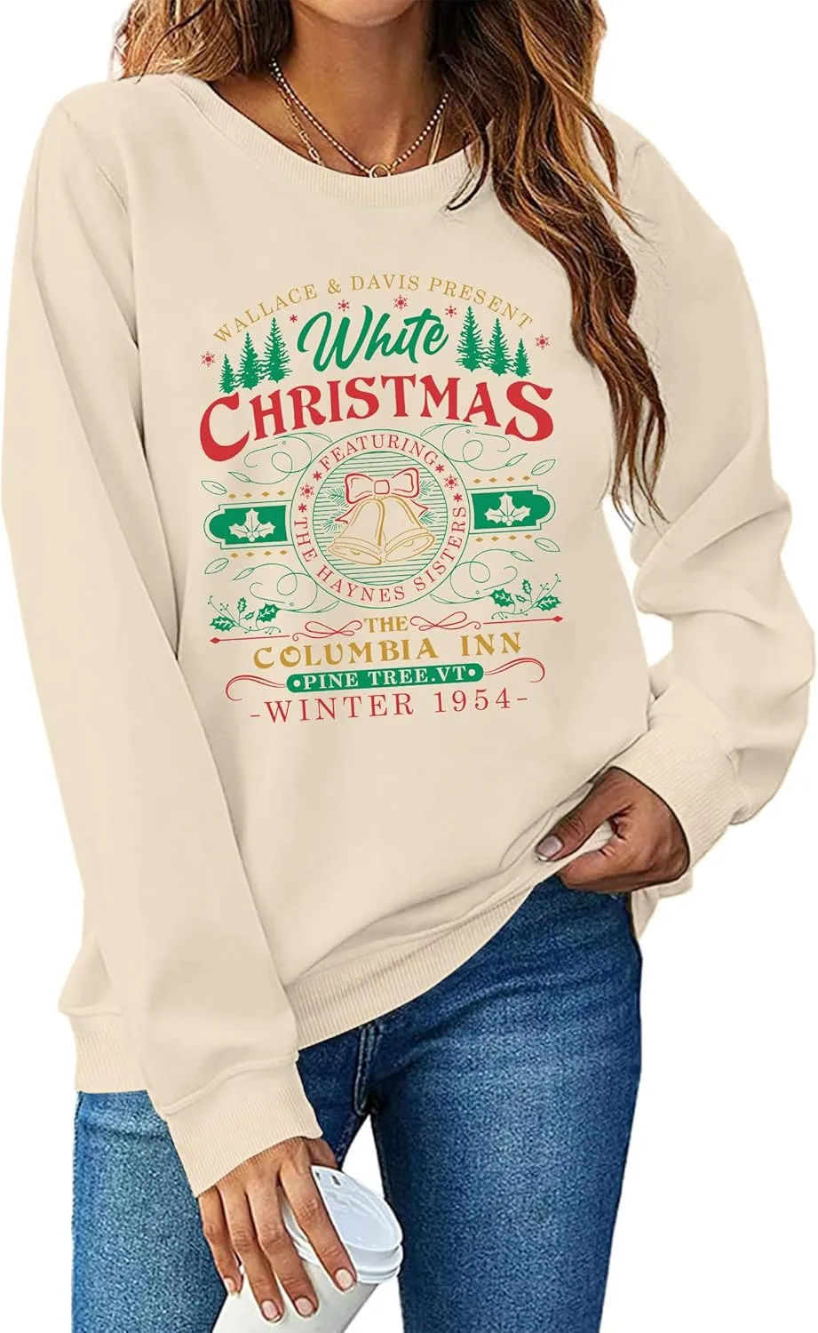 LAZYCHILD White Christmas Sweatshirt for Woman: Christmas Movie 1954 Shirts Xmas Tree Holiday Long Sleeves Pullover