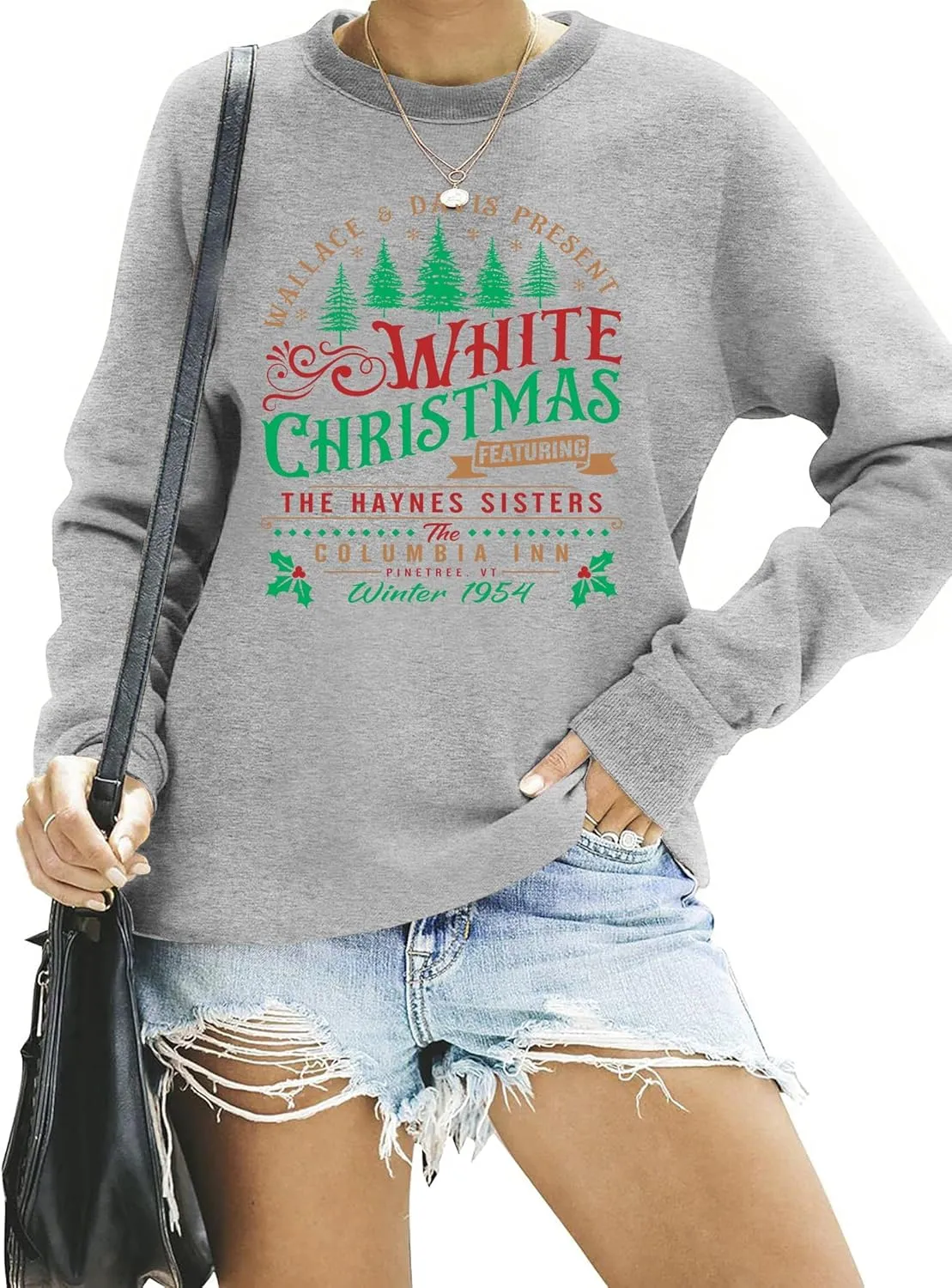 LAZYCHILD White Christmas Sweatshirt for Woman: Christmas Movie 1954 Shirts Xmas Tree Holiday Long Sleeves Pullover