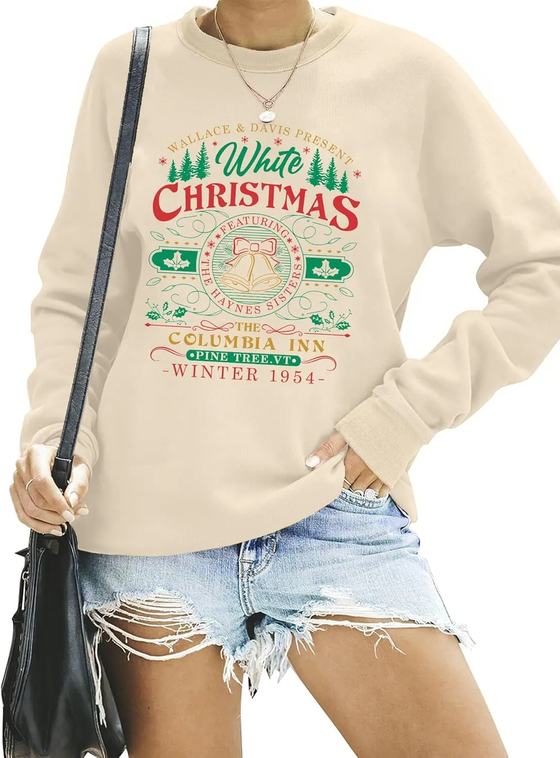 LAZYCHILD White Christmas Sweatshirt for Woman: Christmas Movie 1954 Shirts Xmas Tree Holiday Long Sleeves Pullover