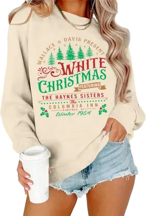 LAZYCHILD White Christmas Sweatshirt for Woman: Christmas Movie 1954 Shirts Xmas Tree Holiday Long Sleeves Pullover