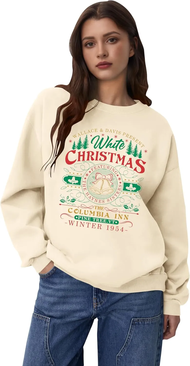 LAZYCHILD White Christmas Sweatshirt for Woman: Christmas Movie 1954 Shirts Xmas Tree Holiday Long Sleeves Pullover